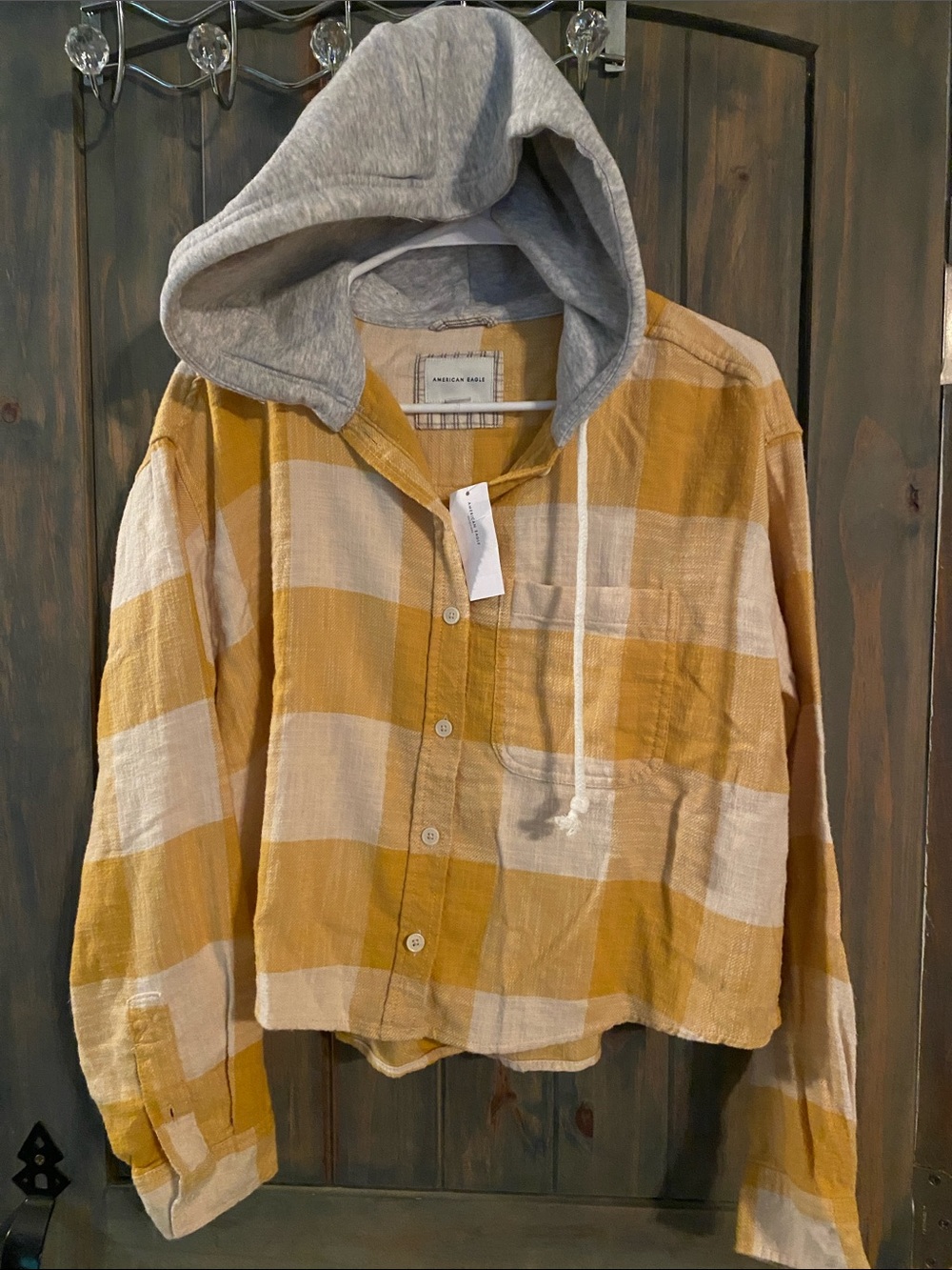 American Eagle Yellow & Cream Plaid Cropped Loose fit Hooded Shirt